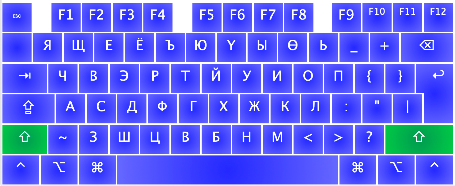 QWERTY Mongolian Cyrillic keyboard layout with shift key pressed